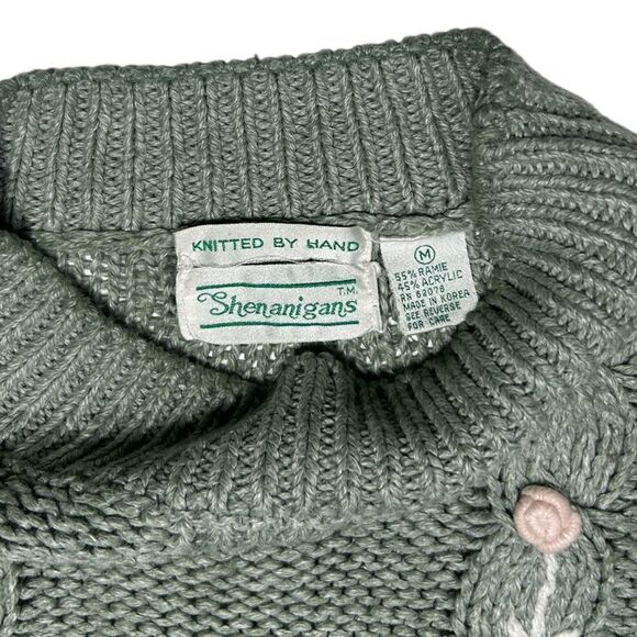 Vintage Shenanigans Knitted by Hand Made Blue Green Knitted Sweater Pink Flowers - Picture 2 of 9